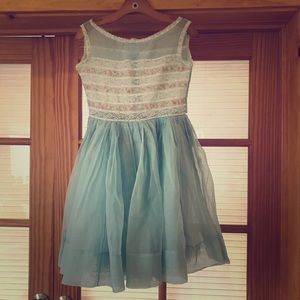 Vintage 1950s blue dress with embroidered flowers